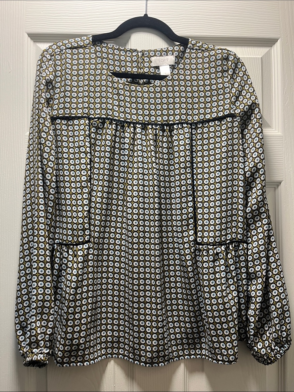 LOFT Black and Gold Printed Long-Sleeve Peasant Blouse